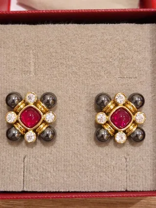 Pendientes Vintage Rubí, Ónix y Circonita