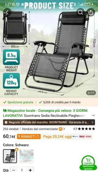 Sedia Sdraio Pieghevole Nera