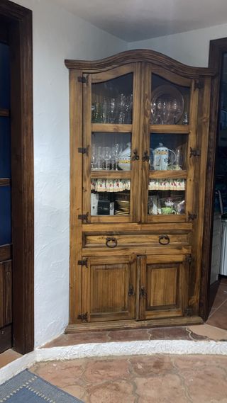 Mueble rinconera rústico madera y cristal