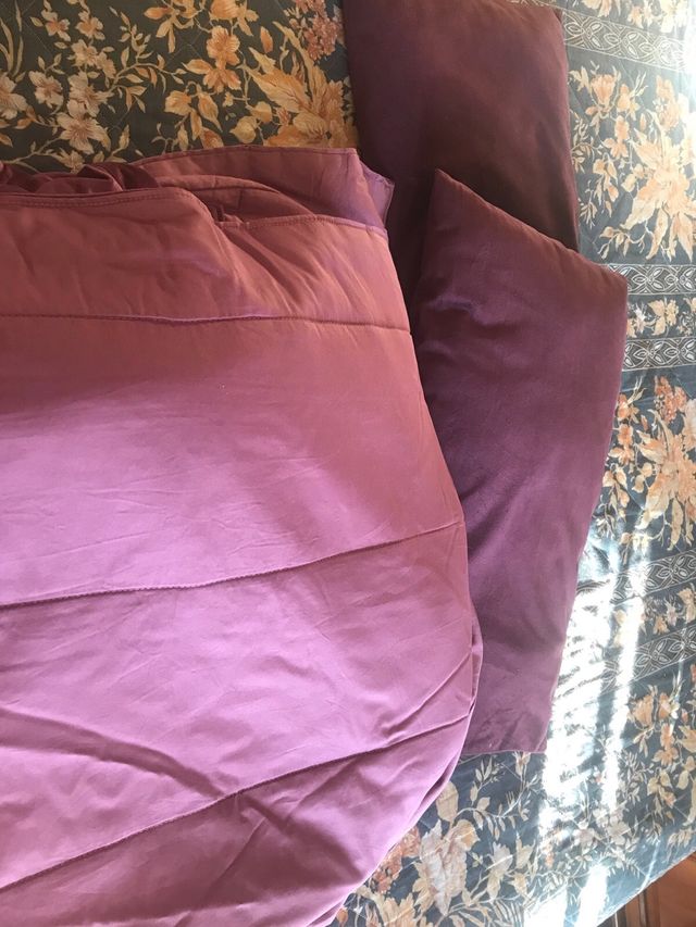 Edredón y cojines terciopelo morado cama 150