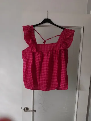 Blusa cuadros rosa volantes tirantes XL