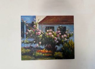 Cuadro pintado a mano: Casa y Flores