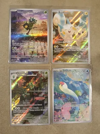 4 Cartas Pokémon Ogerpon, Pachirisu, Scovillain, W