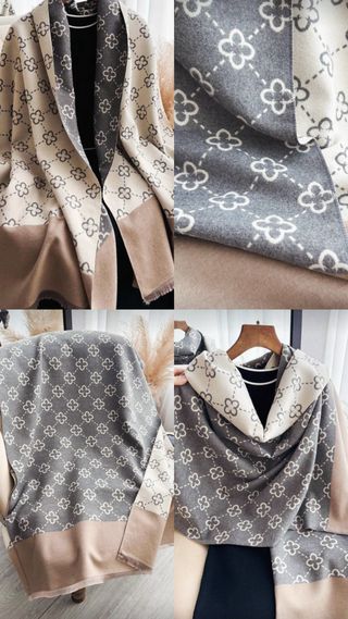 Pañuelo estampado flores beige y gris