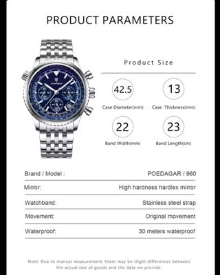 Reloj POEDAGAR Cronógrafo Azul Plateado
