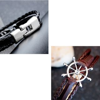 Pulsera Cuero Náutica Timón Plata
