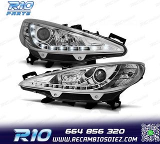 FAROS PEUGEOT 207 06-12 LUZ LED DIURNA FONDO CROMO