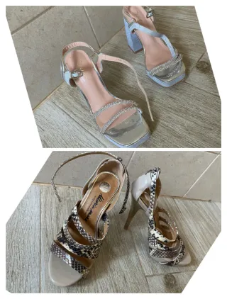 Sandalias tacón plateadas y multicolor