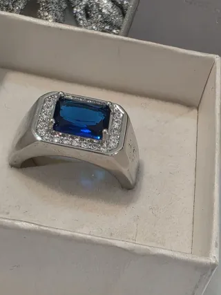 Anillo Hombre Plata Ley Rectangular Azul