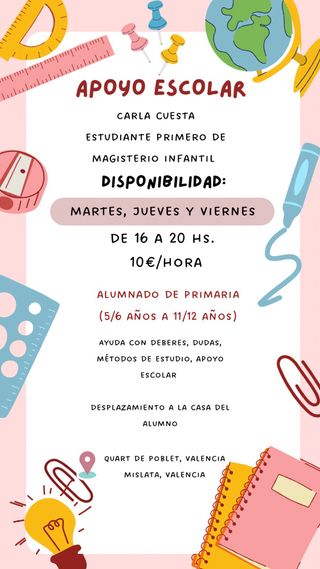 Apoyo escolar a niños de primaria. 10€/hora