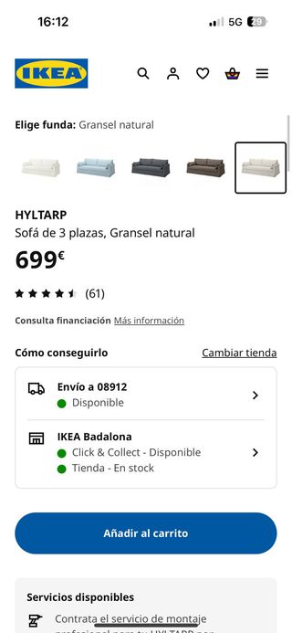 Sofá 3 plazas beige tela