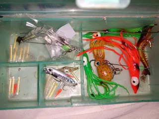 Caja de pesca con señuelos y anzuelos