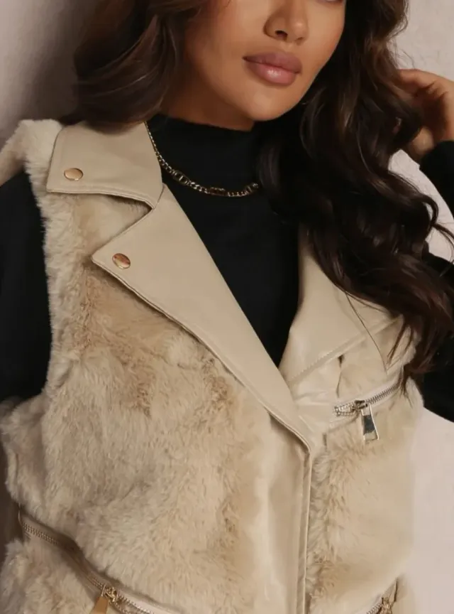 Chaleco biker pelo y polipiel beige/marrón