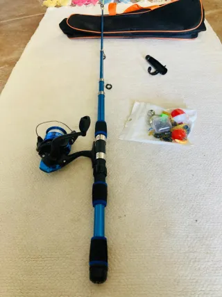 Caña de pescar 1.80m azul y carrete
