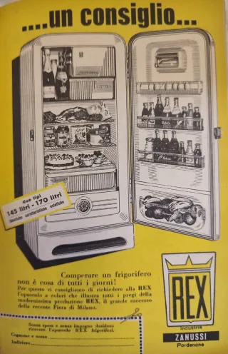 Pubblicità vintage frigorifero REX Zanussi 1955