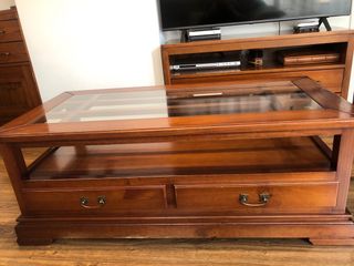 Mesa de centro madera maciza y cristal  4 cajones