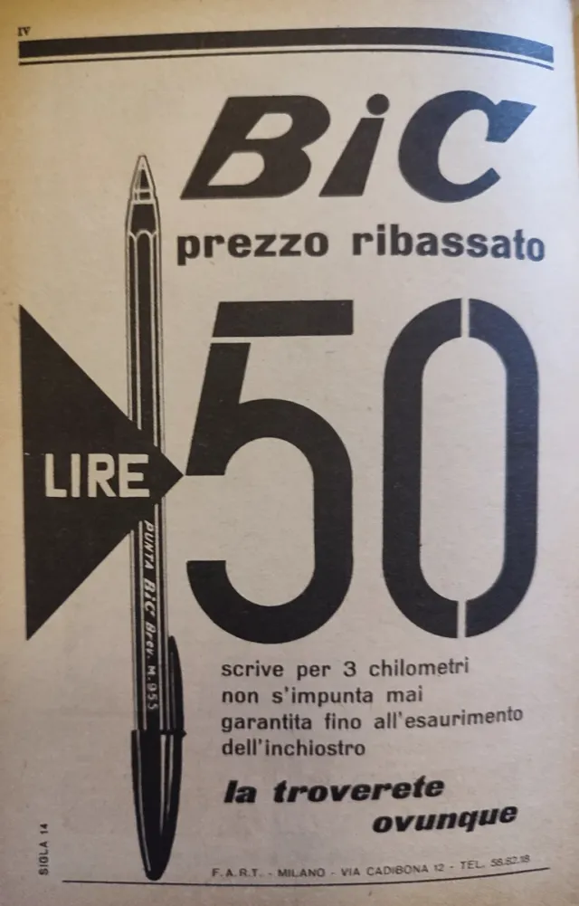 Pubblicità vintage BiC - 50 Lire 1955 penna