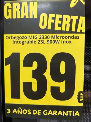 Microondas Orbegozo Integrable 23L 900W Inox