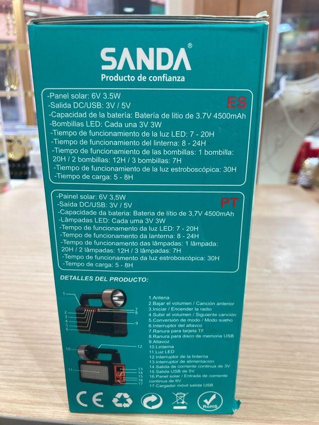 Lámpara Solar SANDA SD-6070 con Altavoz y Radio