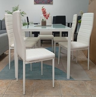 Mesa cristal /metal + 6 sillas Blancas. EN REBAJA