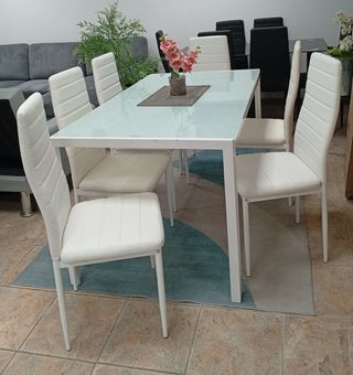 Mesa cristal /metal + 6 sillas Blancas. EN REBAJA