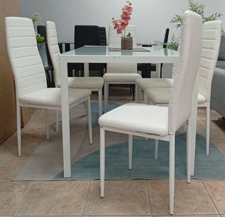 Mesa cristal /metal + 6 sillas Blancas. EN REBAJA
