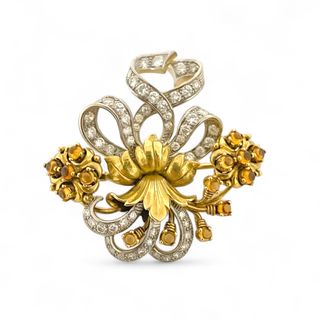 Broche antiguo de oro de 18k diamantes y ámbar