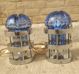 Pareja Lámparas Murano Space Age Azul/Plata