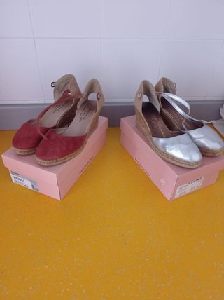 Sandalias cuña mujer rojo y plata talla 40