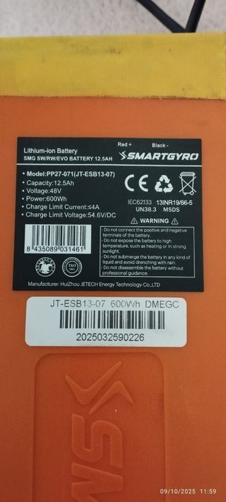 Batería SMARTGYRO 48V 12.5Ah 600Wh