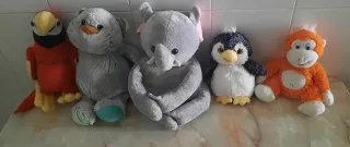 Lote 5 Peluches: Mono, Pingüino, Elefante, Gato, L