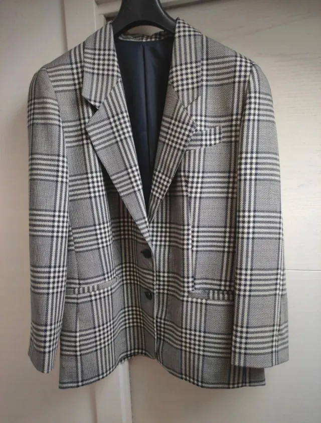 Blazer a quadri vintage grigio e nero
