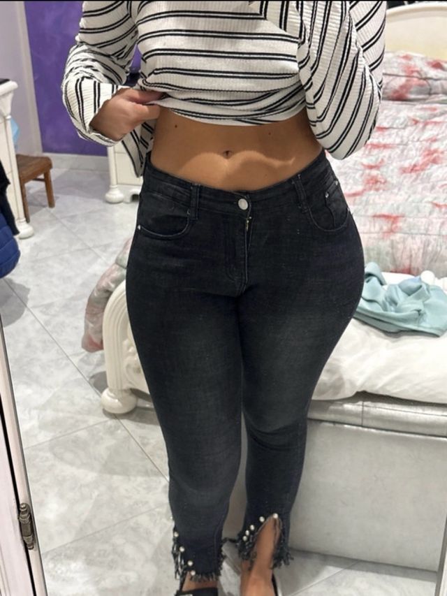 Jeans neri donna con perle