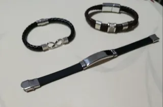 Lote 3 Pulseras Hombre Cuero y Acero