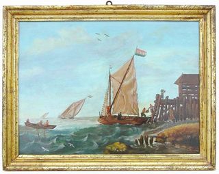 Scuola fiamminga attracco al porto 19° Secolo