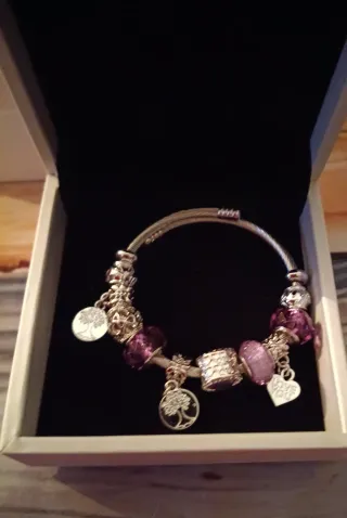 Pulsera de charms plateada con detalles morados