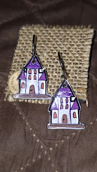 Pendientes Casa Embrujada Halloween Morado Blanco