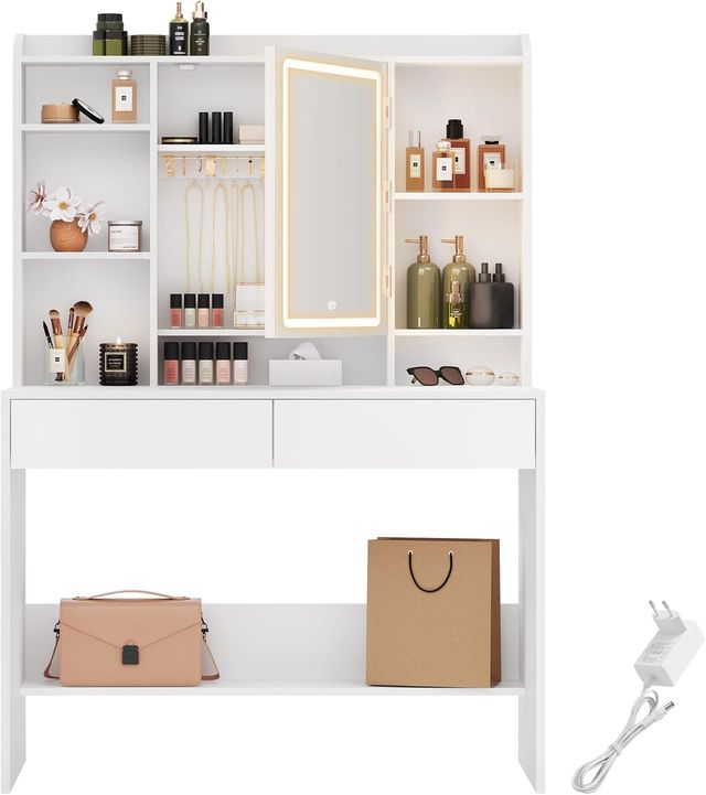 Tocador blanco con espejo LED y cajones