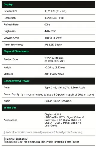 Monitor Portátil ANMITE 10.5 1920x1280 FHD