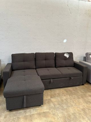 Sofá cama gris oscuro + chaiselongue y arcón 