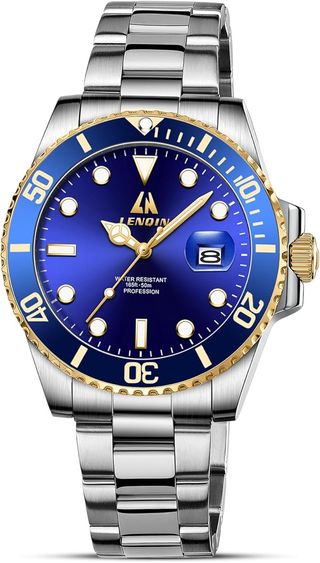 Reloj Analógico LENQIN Acero Azul Dorado Nuevo