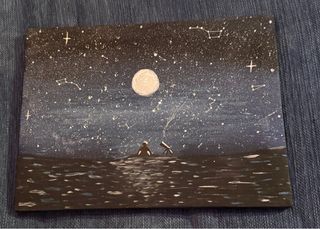 Pintura de noche estrellada con hombre 