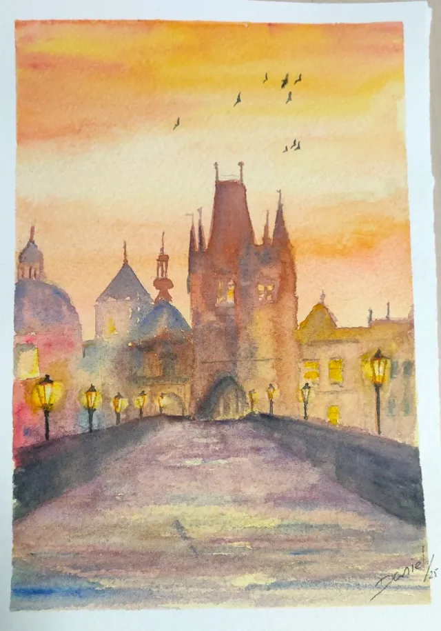 Acuarela pintada a mano: Puente y Edificios