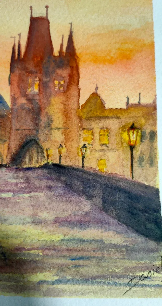 Acuarela pintada a mano: Puente y Edificios