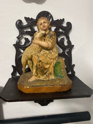 Figura Niño Jesús con Cordero tipo Olot antiguo