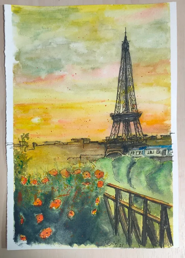 Acuarela Torre Eiffel París pintada a mano
