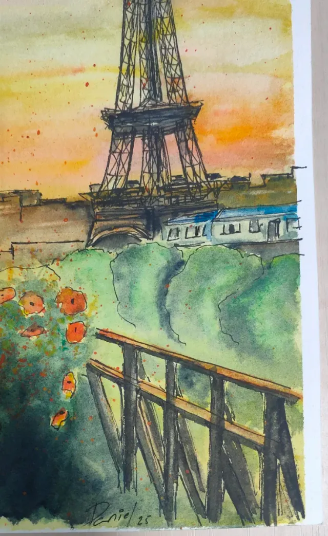 Acuarela Torre Eiffel París pintada a mano
