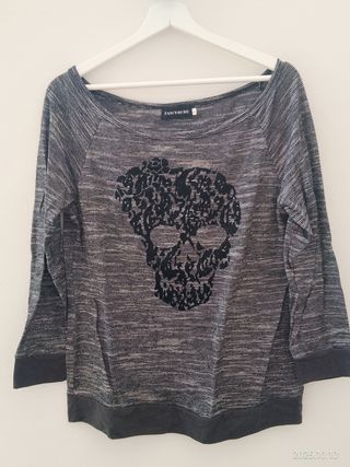 Camiseta gris FANCYQUBE calavera manga 3/4 Talla L