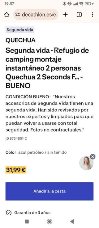 T/campaña refugio Decathlon celeste 2/3personas.