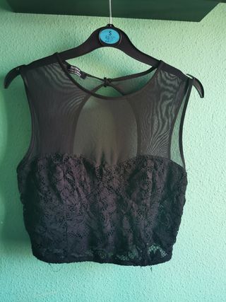 Top Bershka Negro Transparente Encaje Talla S